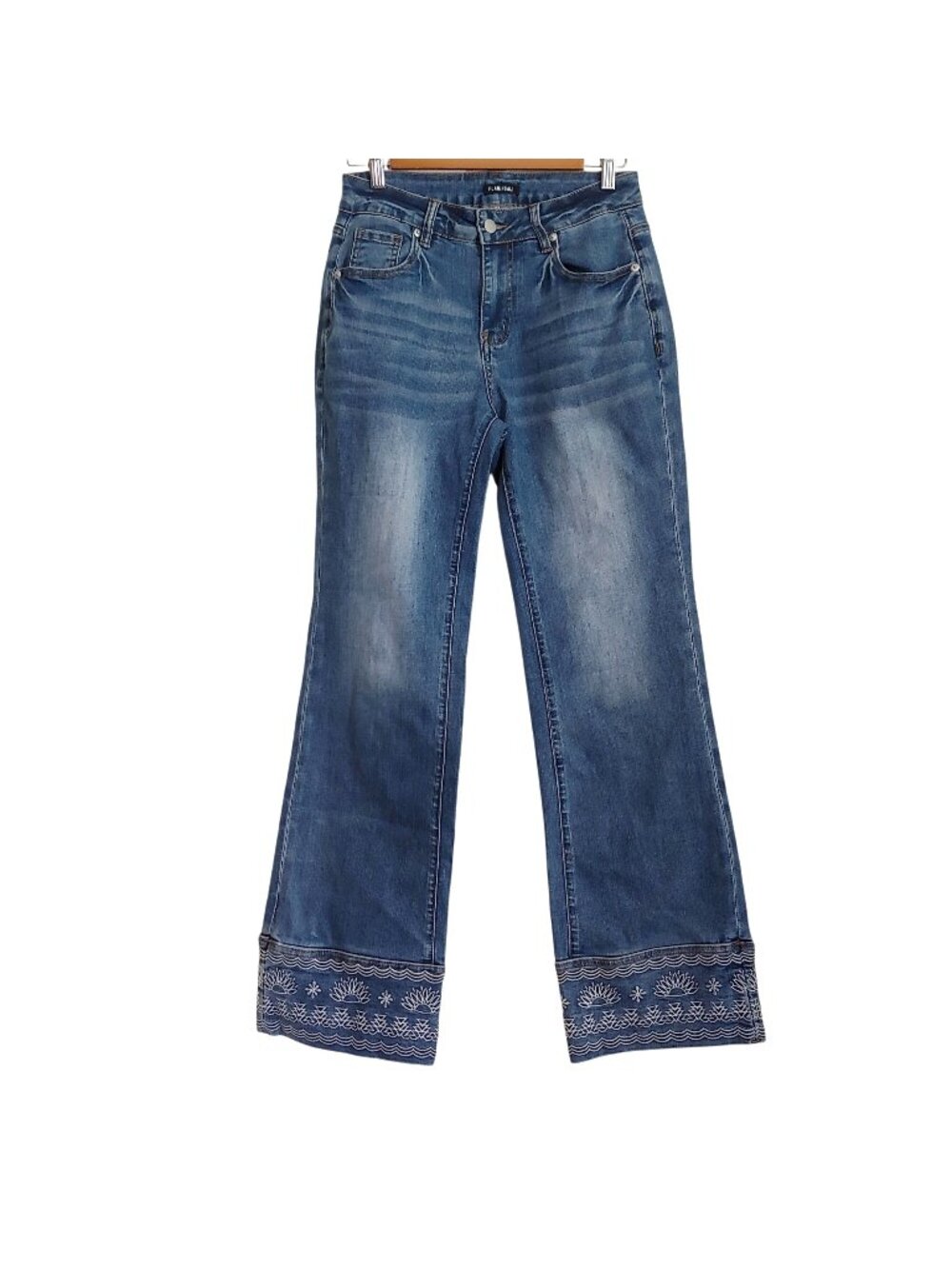 Flamingals Embroidered Cuff Flare Jeans Western Y2K Boho Festival Bell Bottom S